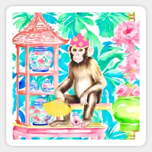 Preppy monkey with yellow fan in chinoiserie interior Sticker